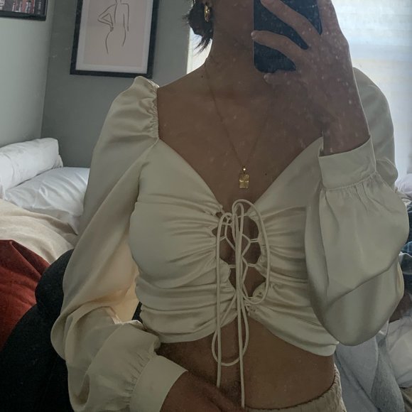 Ivory Silk Strappy Long Sleeve Top - Picture 1 of 2